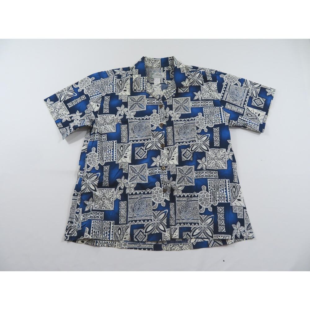 Aloha Turtle Native Print Hawaiian Camp Shirt Made in Hawaii Sz L